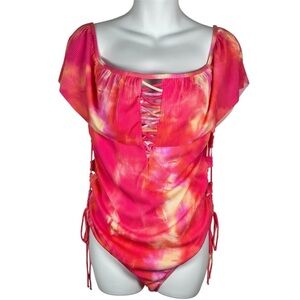 Coastal Waves | Pink Orange Ribbed One Piece Swimsuit